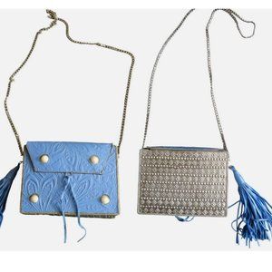 Sam Edelman Gianna Iron Boxed Metal Mini Bag Blue Embossed Faux Leather Purse
